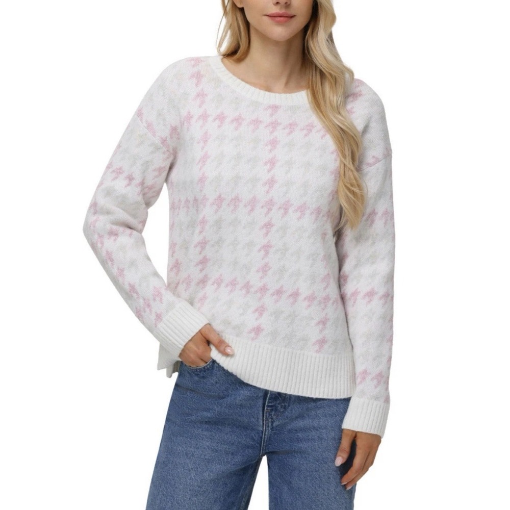 NEW NWT 525 Women's Large Super Soft Crewneck Lurexβ Fairisle Sweater Pink White